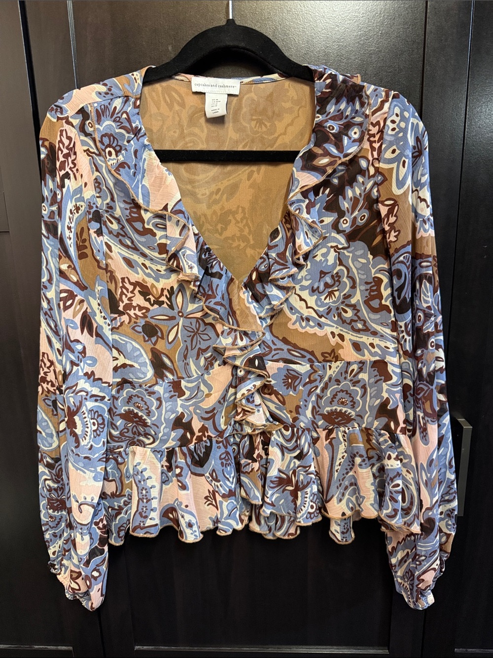 cupcakes & cashmere Blue, Brown & Cream Paisley Ruffle Blouse